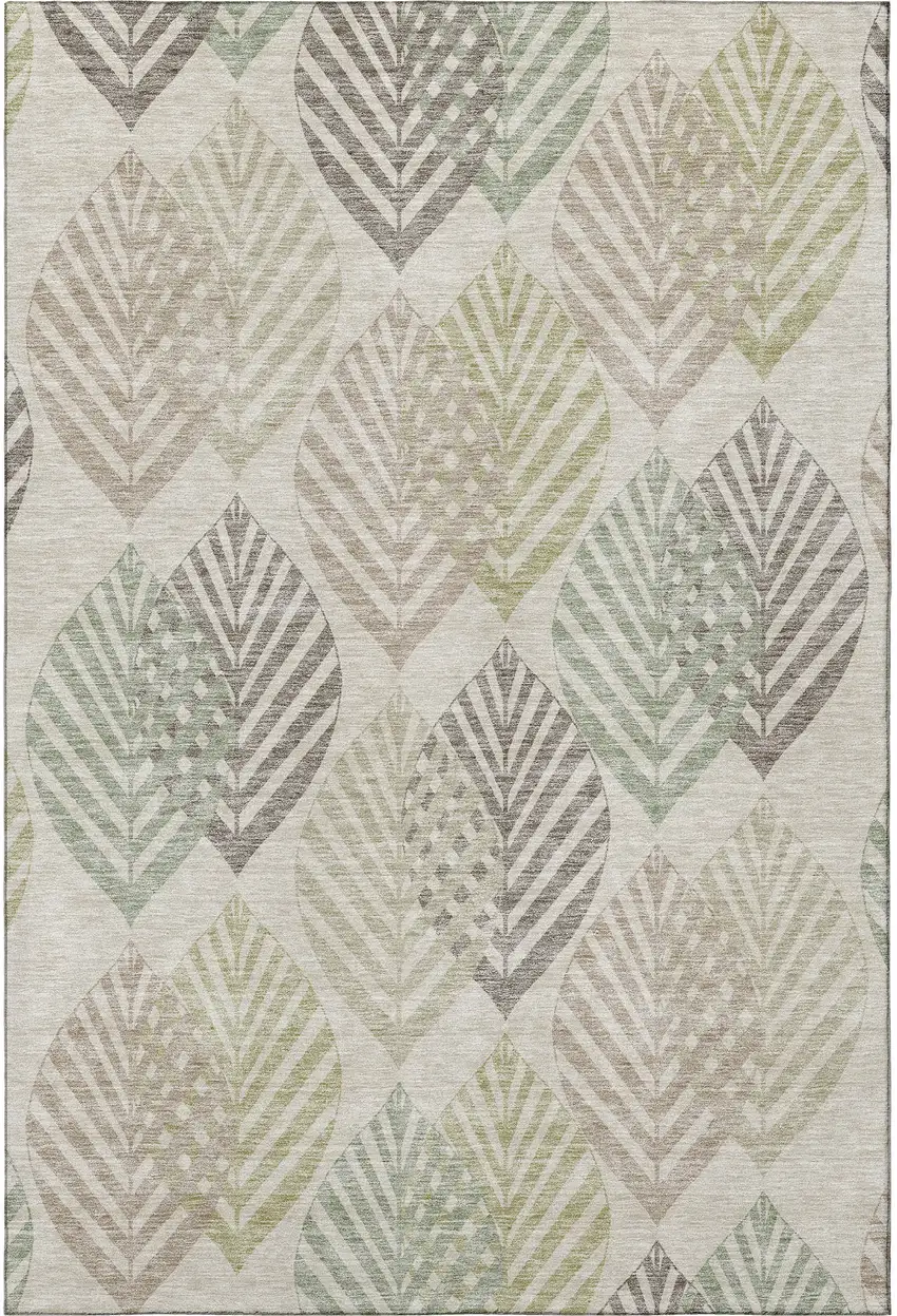 Beige Taupe And Green Floral Washable Area Rug With UV Protection Photo 3