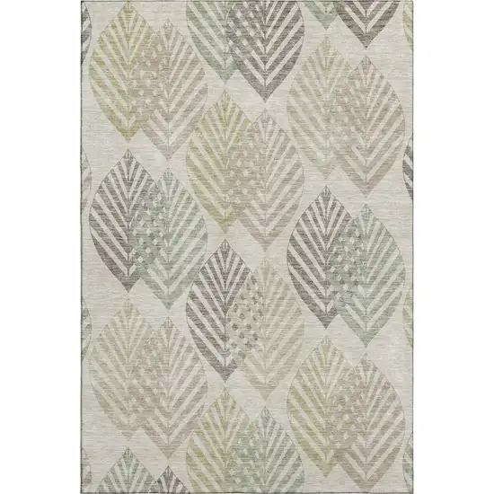 Beige Taupe And Green Floral Washable Area Rug With UV Protection Photo 1