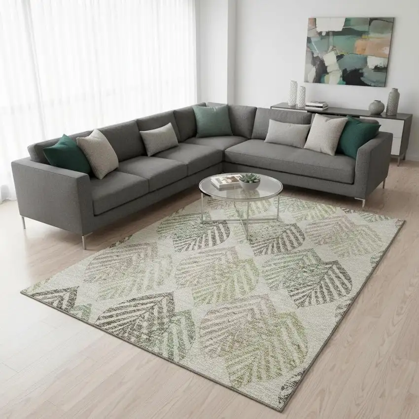 Beige Taupe And Green Floral Washable Area Rug With UV Protection Photo 2