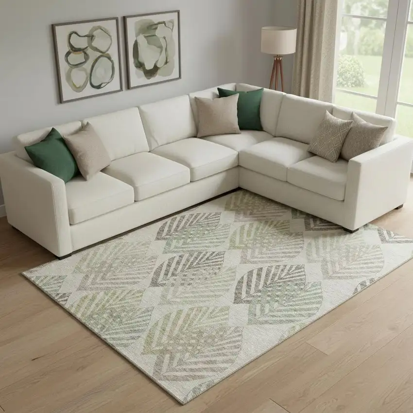 Beige Taupe And Green Floral Washable Area Rug With UV Protection Photo 1