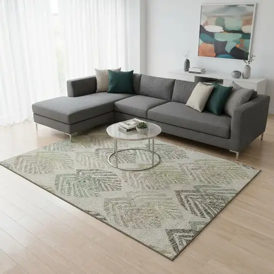 Beige Taupe And Green Floral Washable Area Rug With UV Protection Photo 2