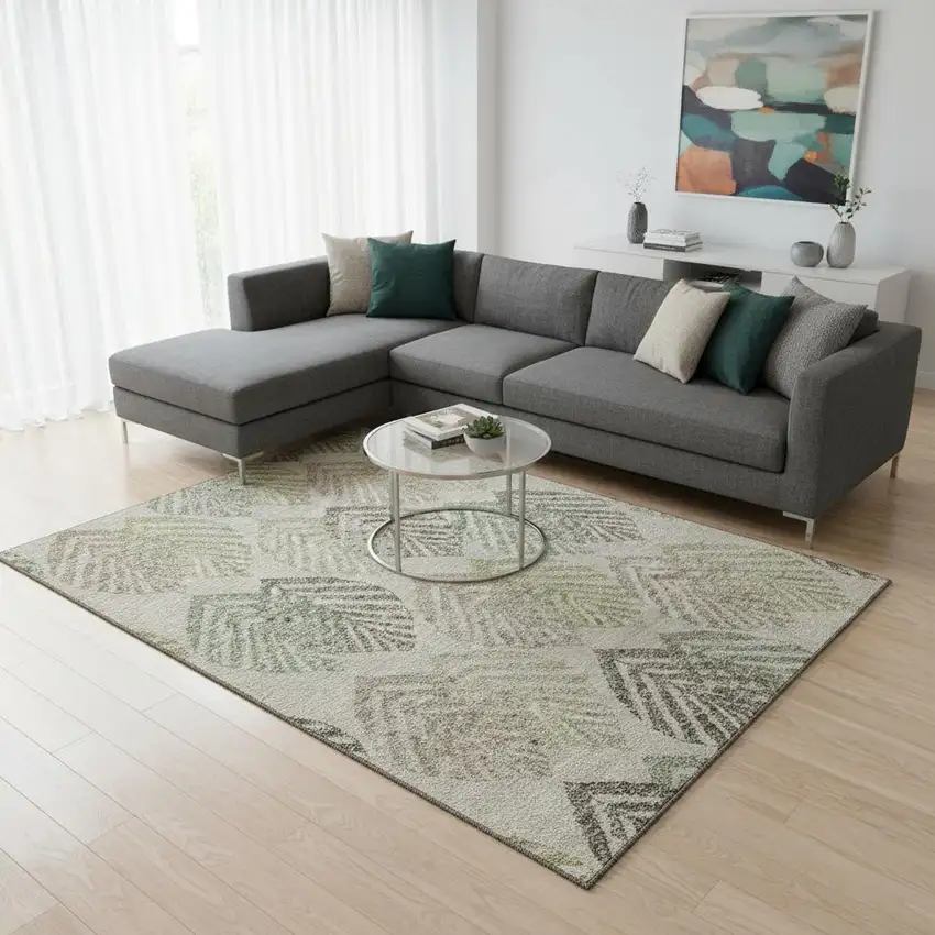 Beige Taupe And Green Floral Washable Area Rug With UV Protection Photo 2