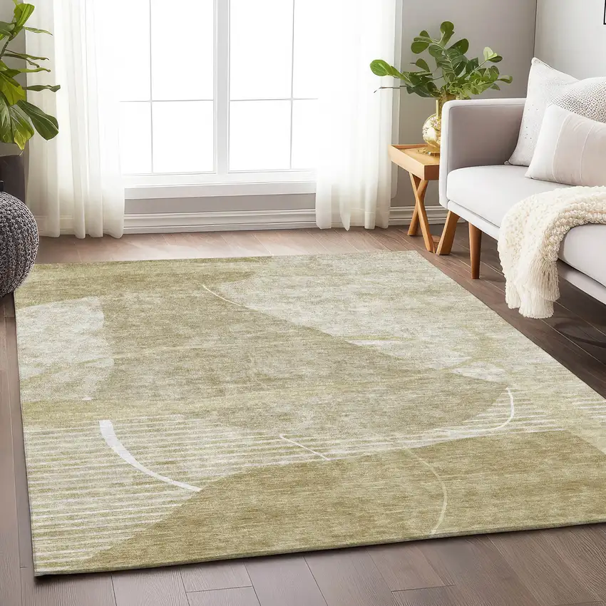 Beige Taupe And Ivory Abstract Geometric Washable Area Rug With UV Protection Photo 4