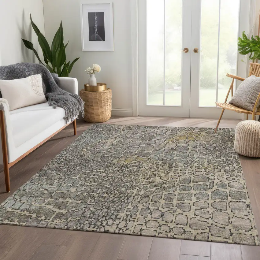 Beige Taupe And Ivory Abstract Geometric Washable Area Rug With UV Protection Photo 5