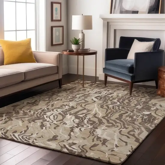 Beige Taupe And Ivory Abstract Washable Area Rug With UV Protection Photo 3