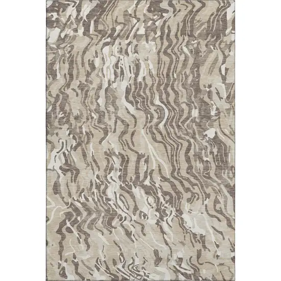 Beige Taupe And Ivory Abstract Washable Area Rug With UV Protection Photo 1