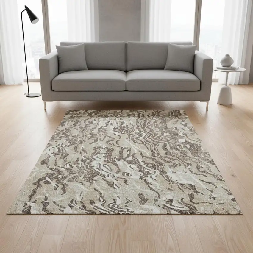 Beige Taupe And Ivory Abstract Washable Area Rug With UV Protection Photo 2