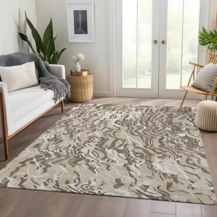Beige Taupe And Ivory Abstract Washable Area Rug With UV Protection Photo 5