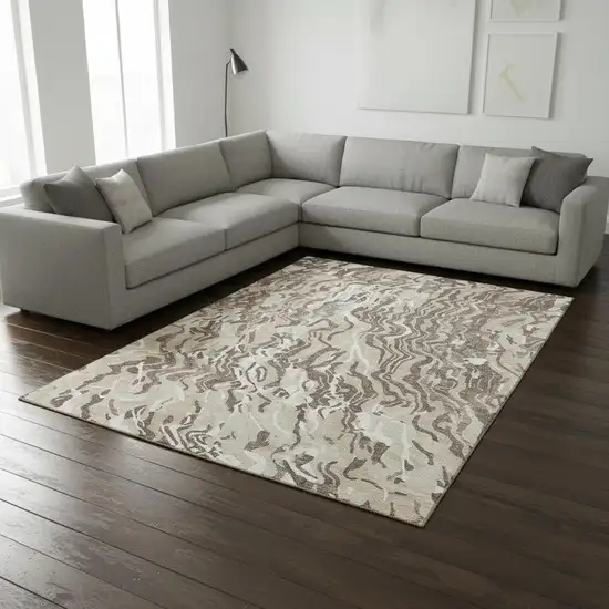 Beige Taupe And Ivory Abstract Washable Area Rug With UV Protection Photo 2