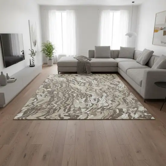 Beige Taupe And Ivory Abstract Washable Area Rug With UV Protection Photo 2