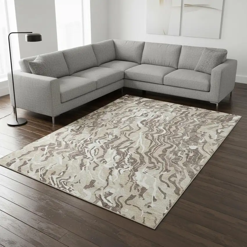 Beige Taupe And Ivory Abstract Washable Area Rug With UV Protection Photo 2