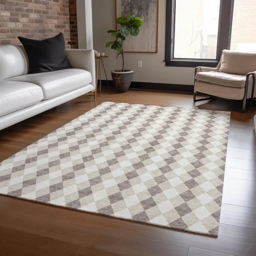 Beige Taupe And Ivory Argyle Washable Indoor Outdoor Area Rug Photo 6