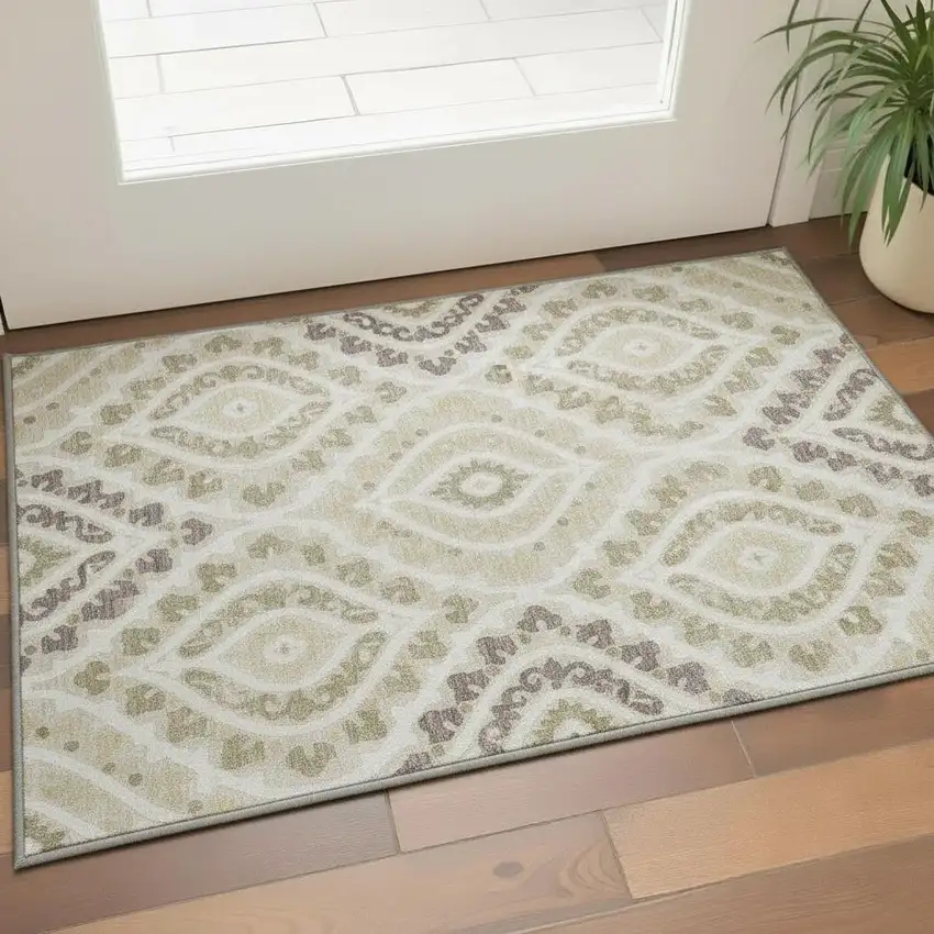 Beige Taupe And Ivory Diamond Washable Area Rug With UV Protection Photo 2