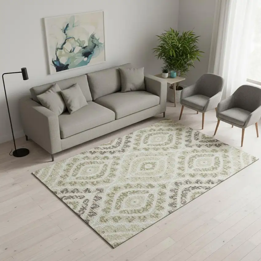 Beige Taupe And Ivory Diamond Washable Area Rug With UV Protection Photo 2