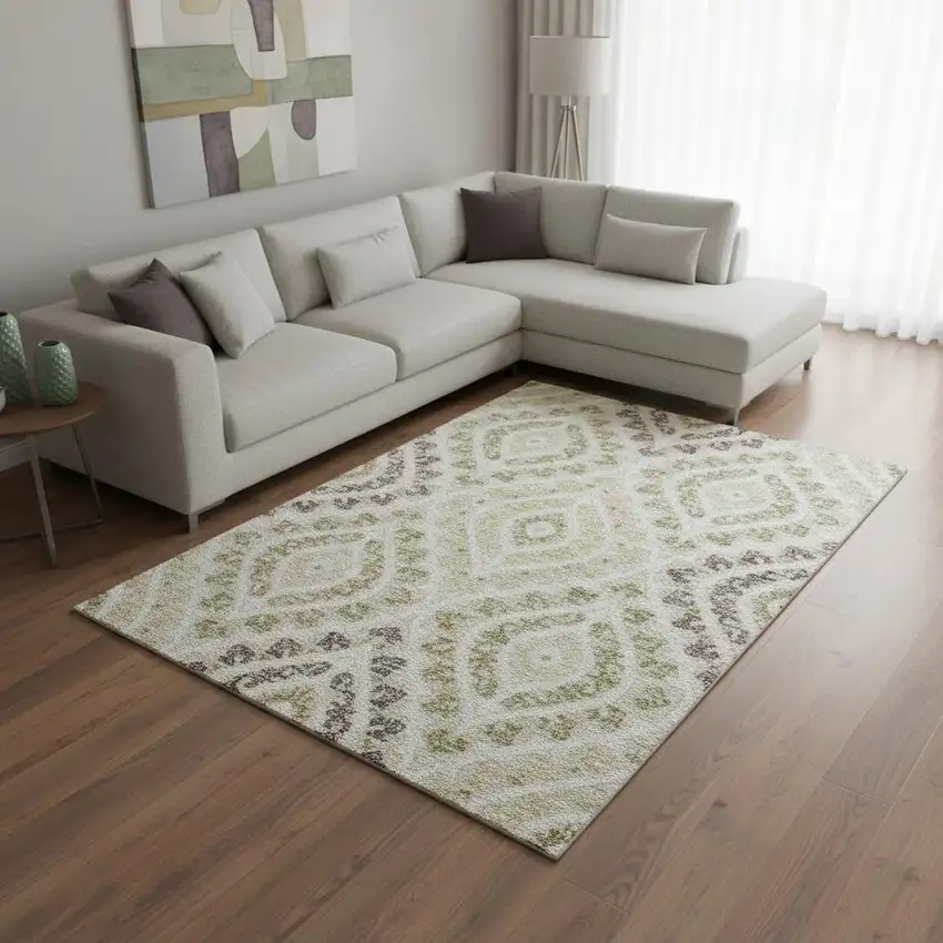 Beige Taupe And Ivory Diamond Washable Area Rug With UV Protection Photo 2