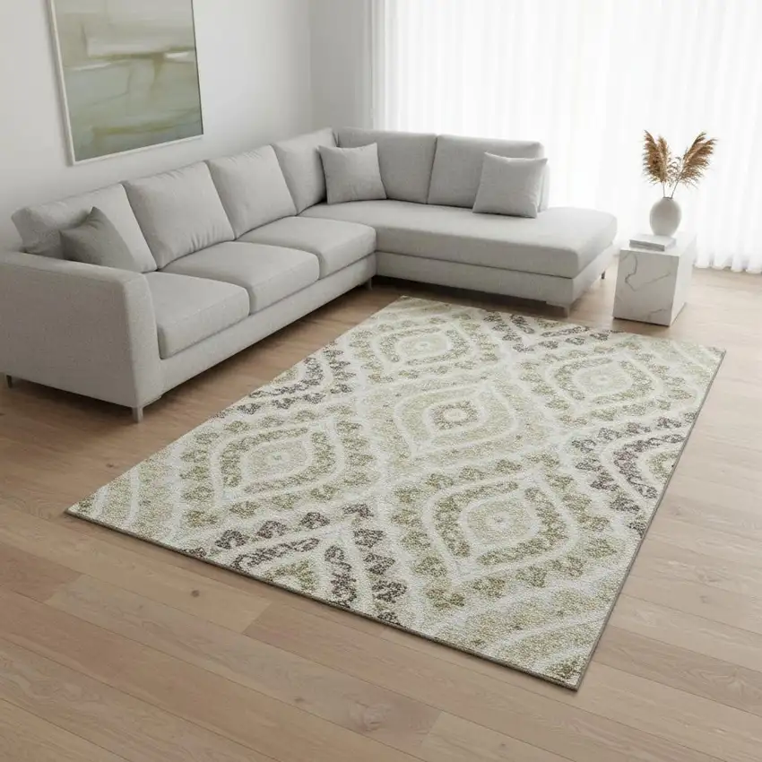 Beige Taupe And Ivory Diamond Washable Area Rug With UV Protection Photo 2