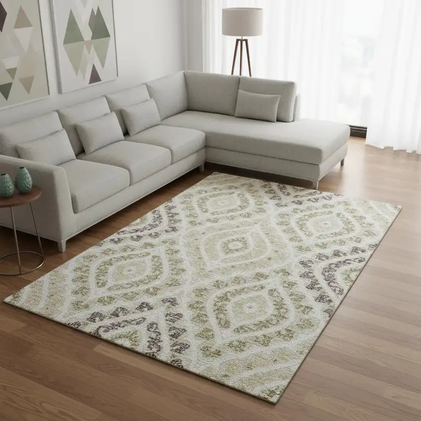 Beige Taupe And Ivory Diamond Washable Area Rug With UV Protection Photo 2
