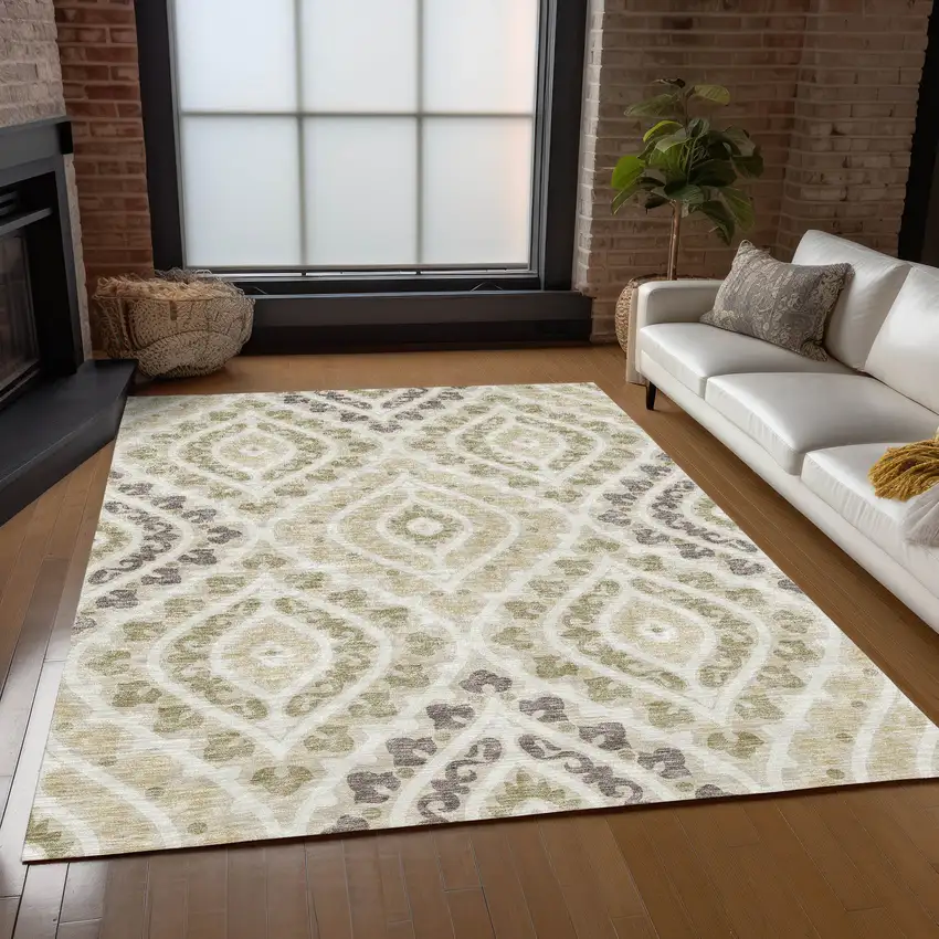 Beige Taupe And Ivory Floral Washable Indoor Outdoor Area Rug Photo 8