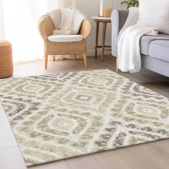 Beige Taupe And Ivory Floral Washable Indoor Outdoor Area Rug Photo 9