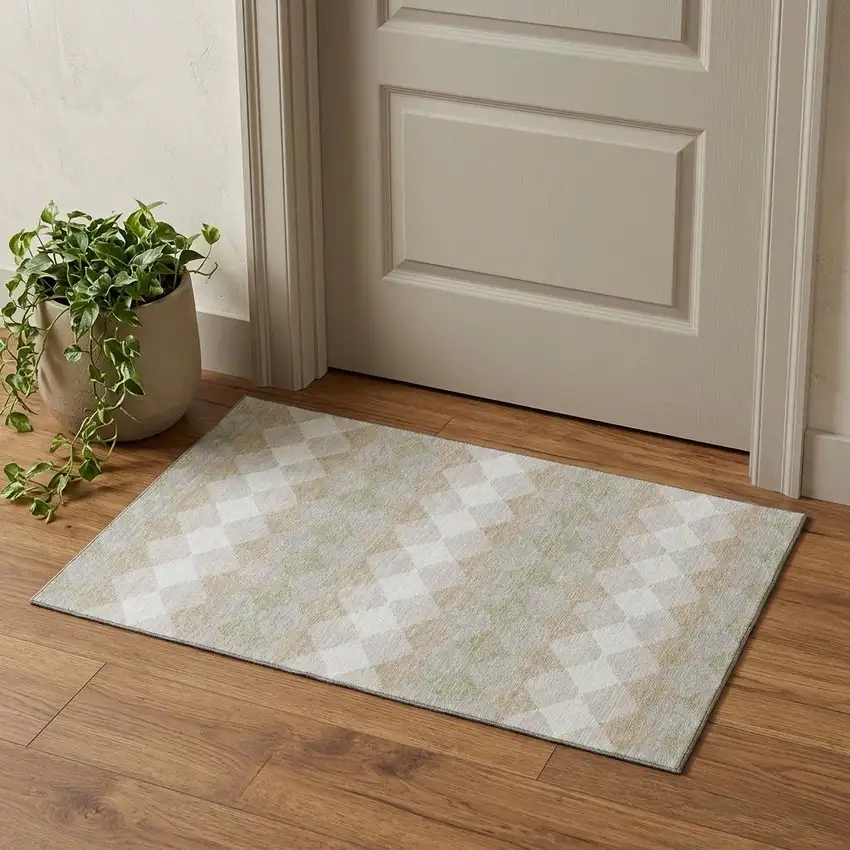 Beige Taupe And Ivory Geometric Washable Area Rug With UV Protection Photo 1