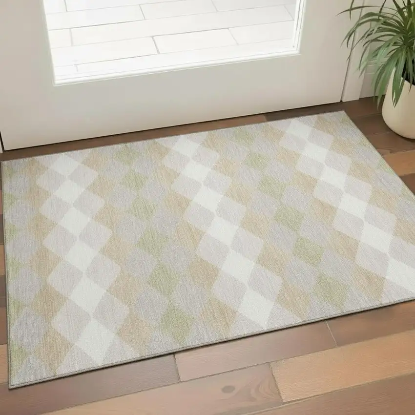 Beige Taupe And Ivory Geometric Washable Area Rug With UV Protection Photo 2