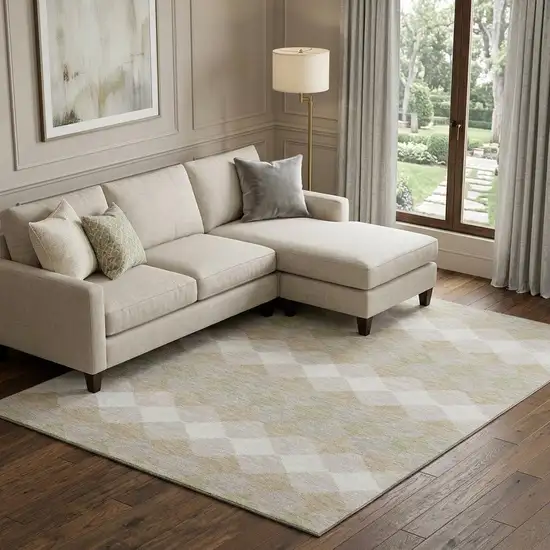 Beige Taupe And Ivory Geometric Washable Area Rug With UV Protection Photo 1