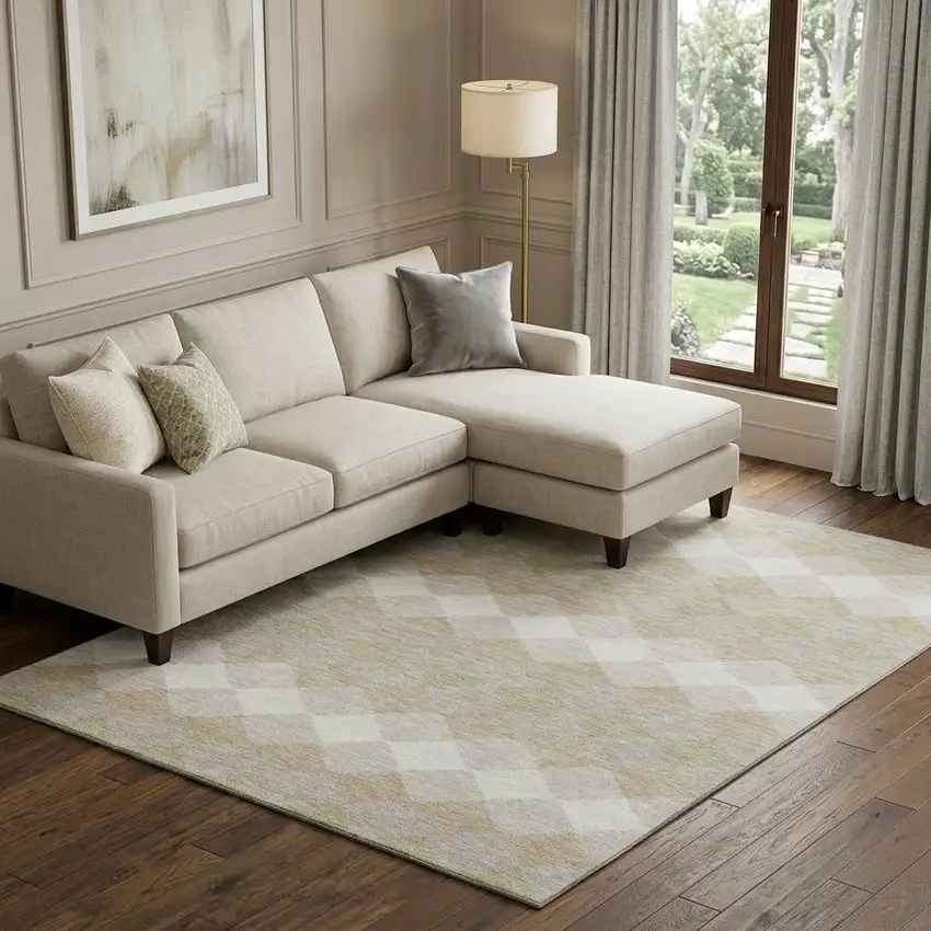 Beige Taupe And Ivory Geometric Washable Area Rug With UV Protection Photo 1