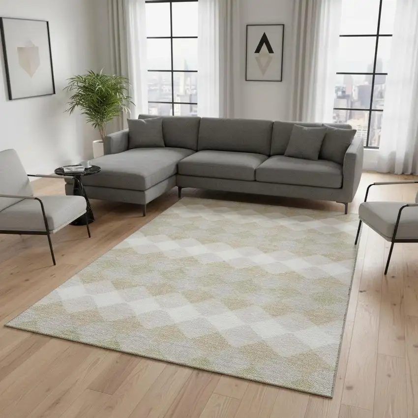 Beige Taupe And Ivory Geometric Washable Area Rug With UV Protection Photo 2