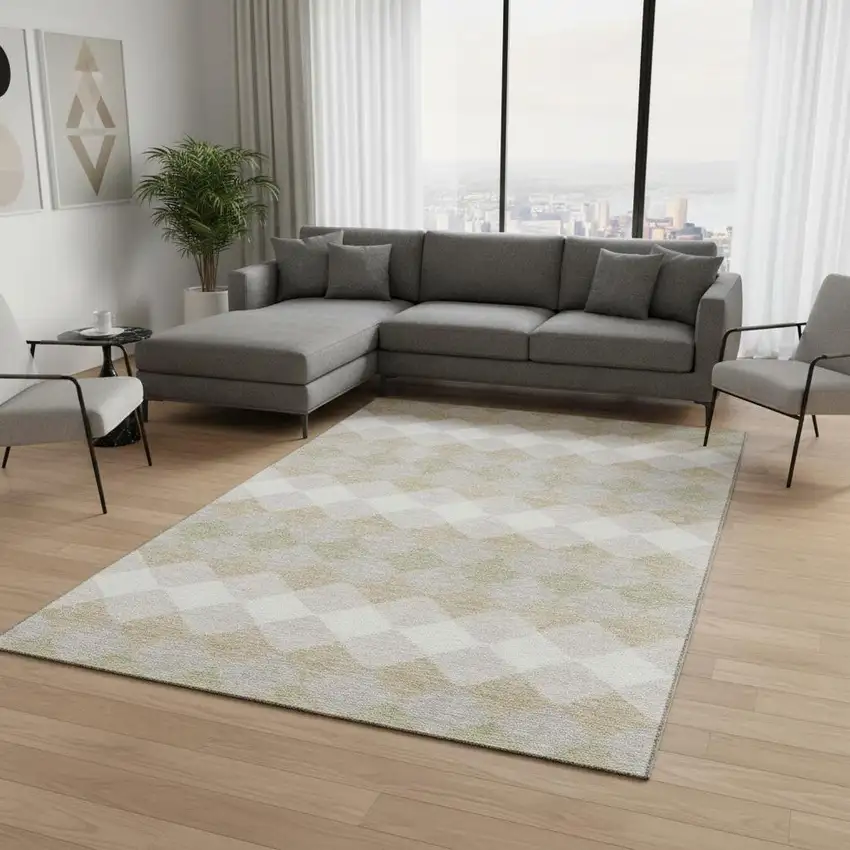 Beige Taupe And Ivory Geometric Washable Area Rug With UV Protection Photo 2