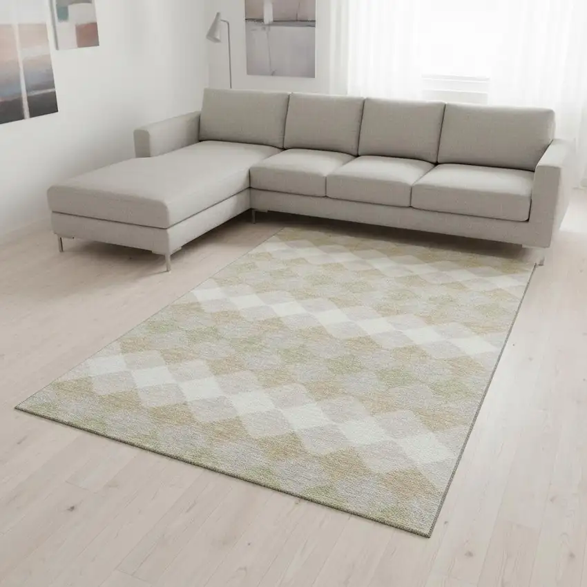 Beige Taupe And Ivory Geometric Washable Area Rug With UV Protection Photo 2