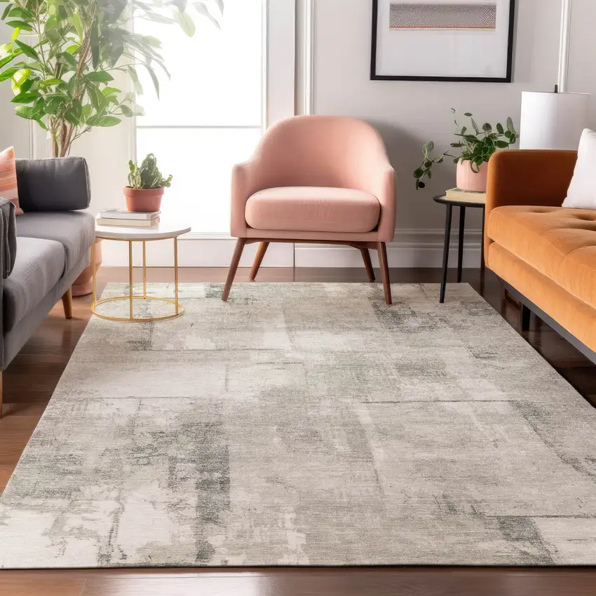 Beige Taupe And Ivory Geometric Washable Area Rug With UV Protection Photo 5