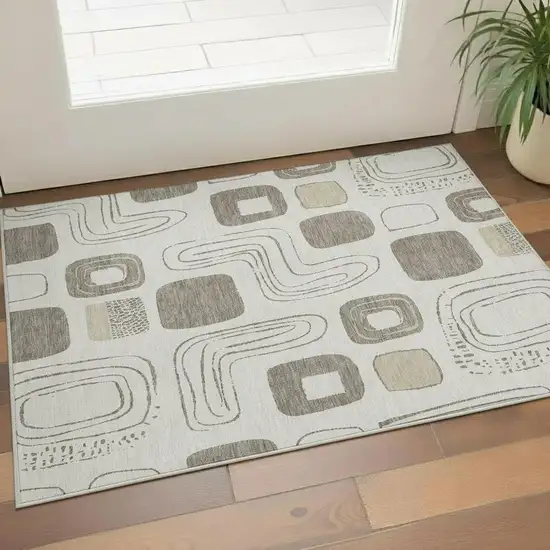 Beige Taupe And Khaki Geometric Washable Area Rug With UV Protection Photo 2