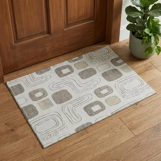 Beige Taupe And Khaki Geometric Washable Area Rug With UV Protection Photo 1