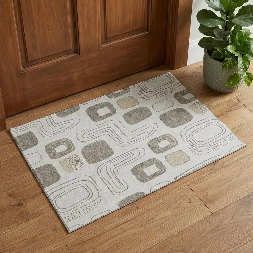 Beige Taupe And Khaki Geometric Washable Area Rug With UV Protection Photo 1
