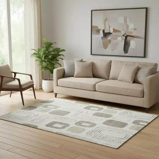 Beige Taupe And Khaki Geometric Washable Area Rug With UV Protection Photo 2