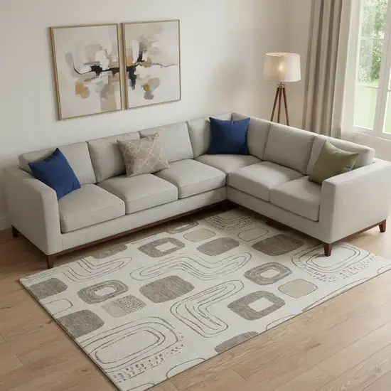 Beige Taupe And Khaki Geometric Washable Area Rug With UV Protection Photo 2