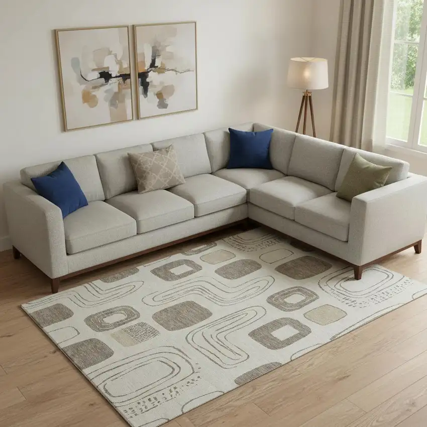 Beige Taupe And Khaki Geometric Washable Area Rug With UV Protection Photo 2