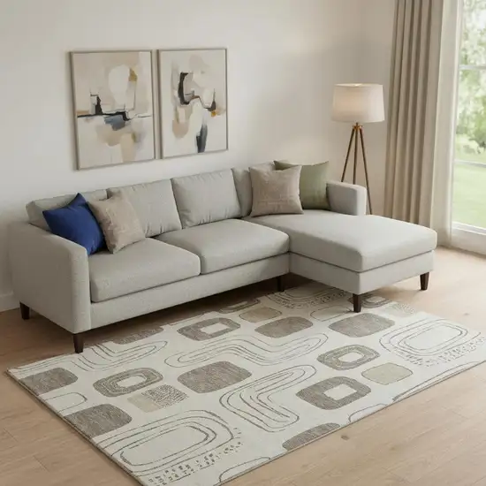 Beige Taupe And Khaki Geometric Washable Area Rug With UV Protection Photo 2