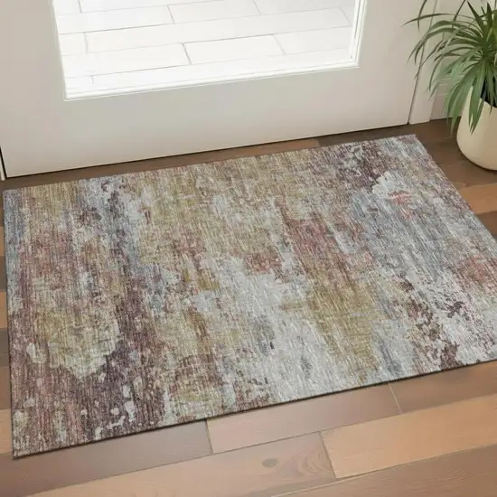 Beige Taupe And Lavender Abstract Washable Area Rug With UV Protection Photo 2