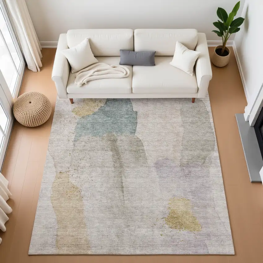 Beige Taupe And Lavender Abstract Washable Area Rug With UV Protection Photo 5