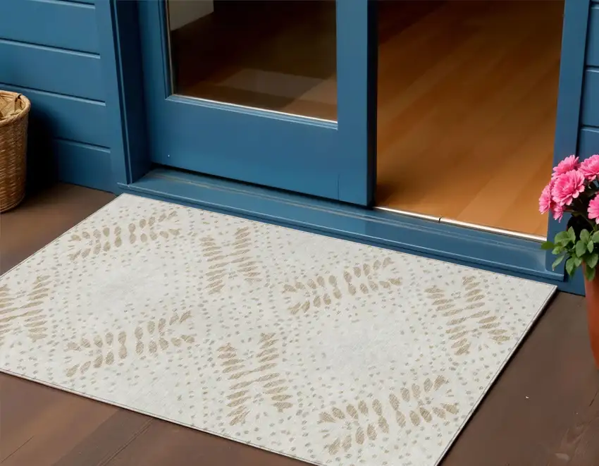 Beige Taupe And Tan Floral Washable Indoor Outdoor Area Rug Photo 1