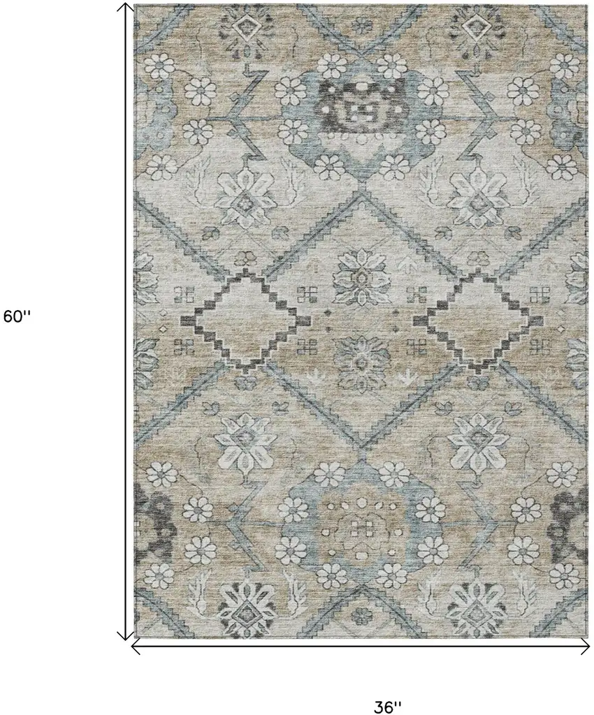 Beige Taupe And Tan Floral Washable Indoor Outdoor Area Rug Photo 3