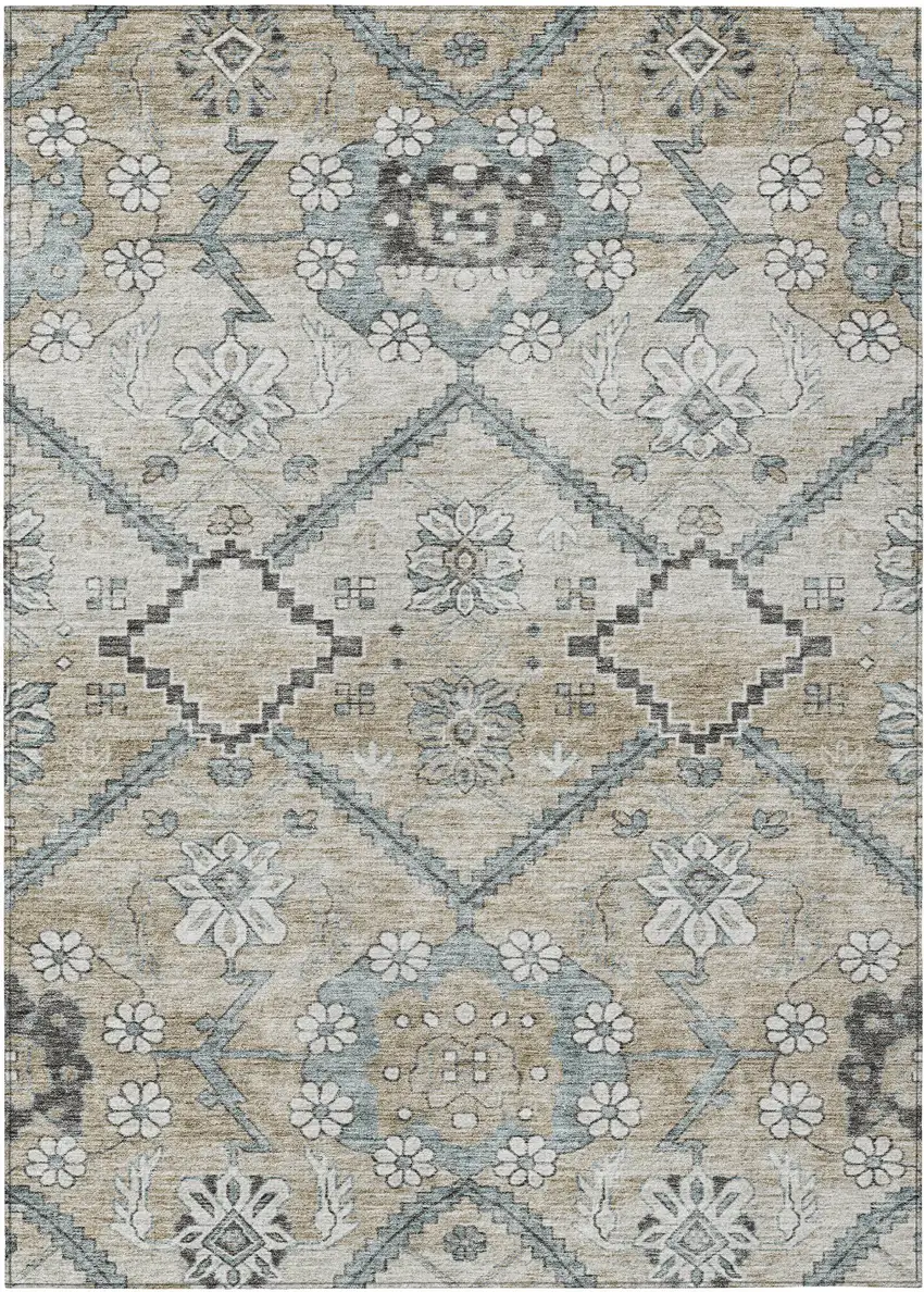 Beige Taupe And Tan Floral Washable Indoor Outdoor Area Rug Photo 2