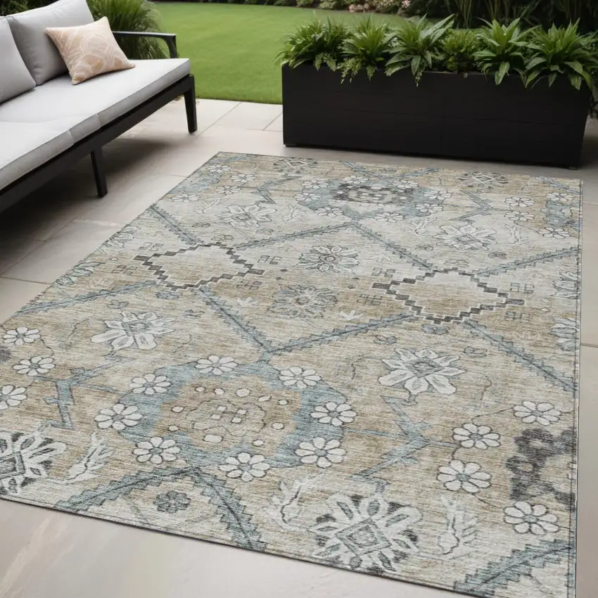 Beige Taupe And Tan Floral Washable Indoor Outdoor Area Rug Photo 1