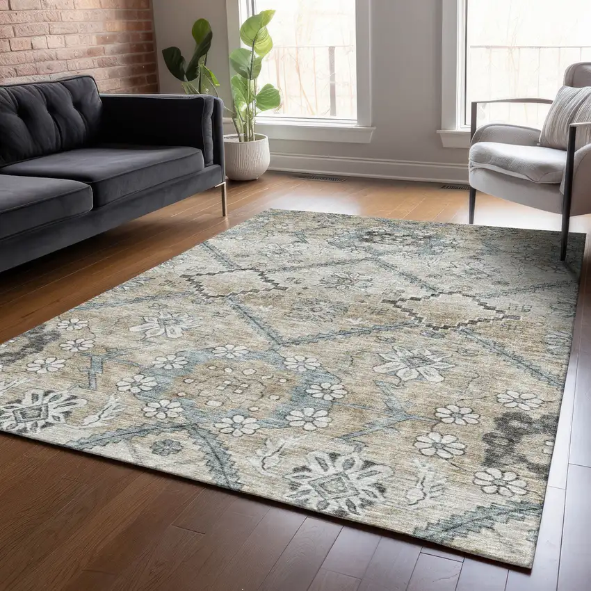 Beige Taupe And Tan Floral Washable Indoor Outdoor Area Rug Photo 9