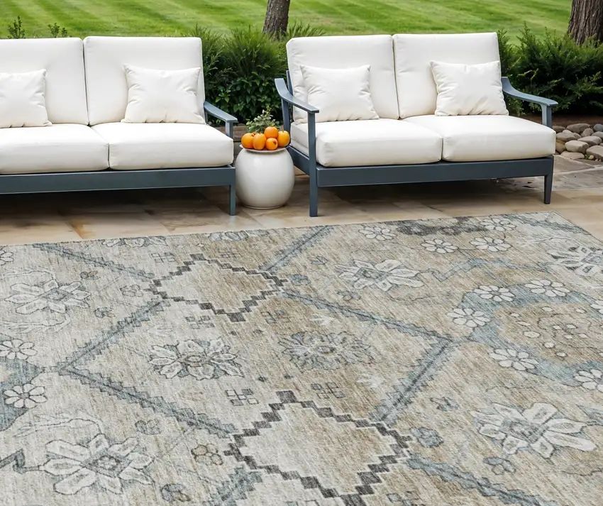 Beige Taupe And Tan Floral Washable Indoor Outdoor Area Rug Photo 1