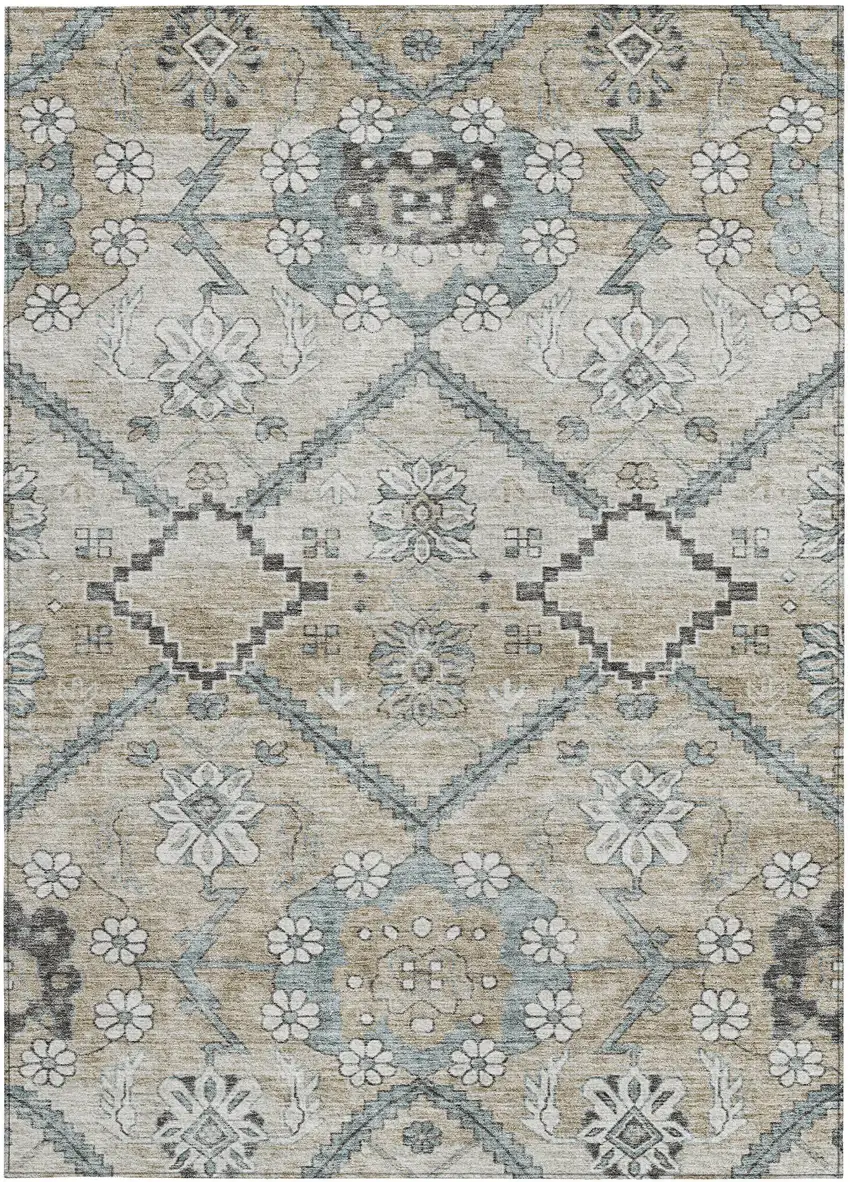 Beige Taupe And Tan Floral Washable Indoor Outdoor Area Rug Photo 8