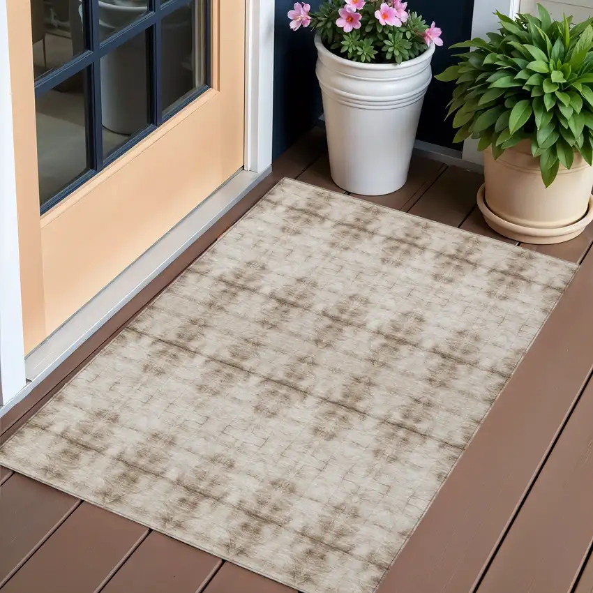 Beige Taupe And Tan Geometric Washable Indoor Outdoor Area Rug Photo 1