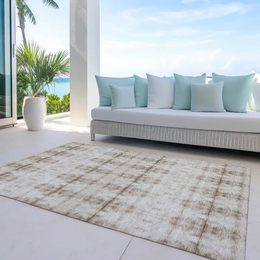 Beige Taupe And Tan Geometric Washable Indoor Outdoor Area Rug Photo 8