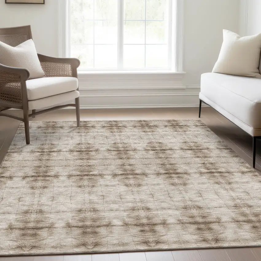 Beige Taupe And Tan Geometric Washable Indoor Outdoor Area Rug Photo 9